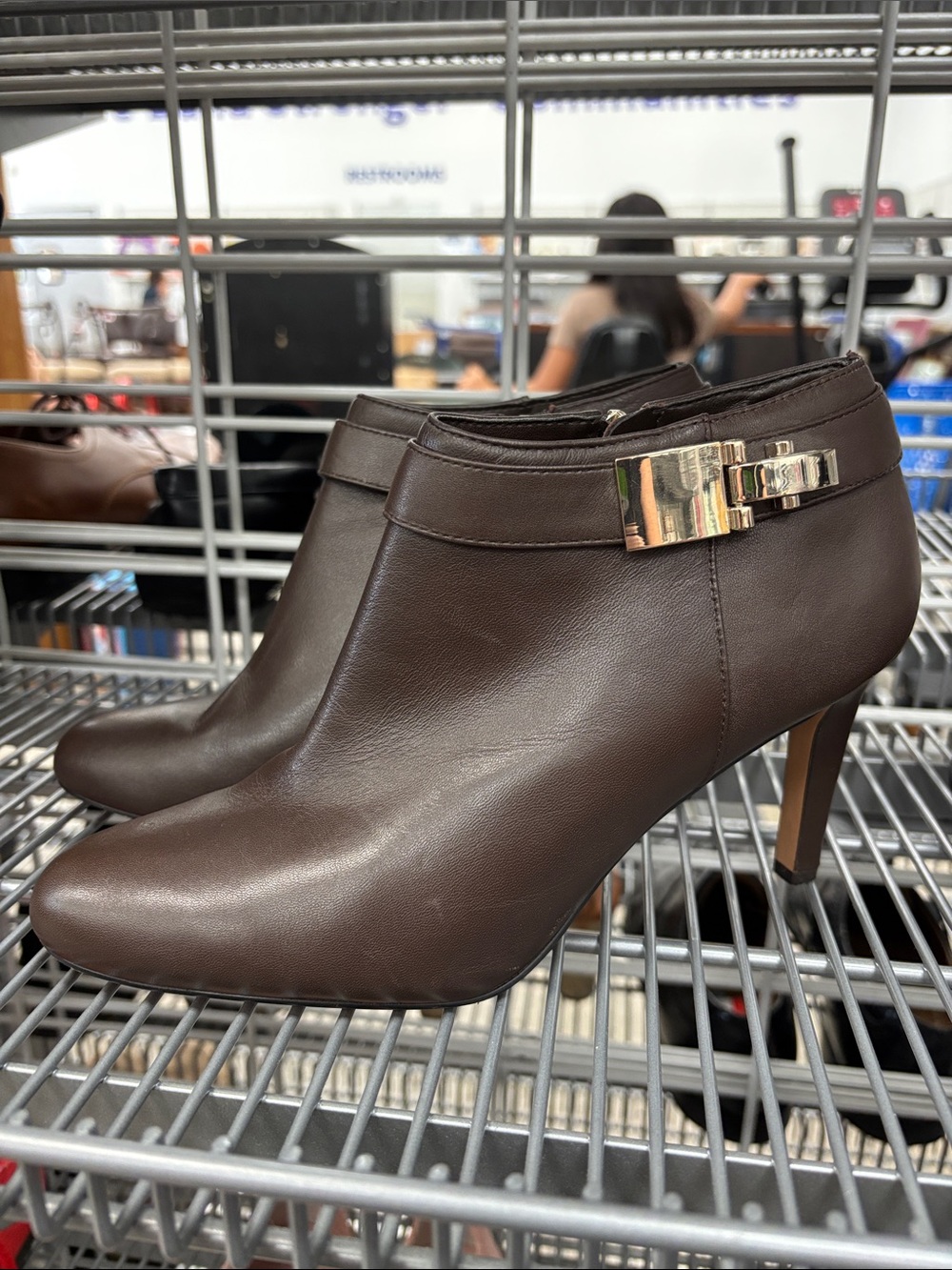 Vince Camuto Brown Leather Ankle Booties with Gold Buckle